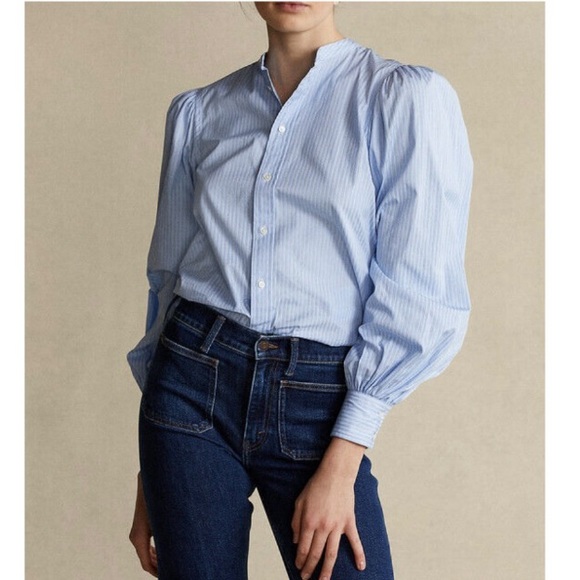 Polo Ralph Lauren Tops - Polo Ralph Lauren Striped Blue Bishop Sleeve Button Down Top